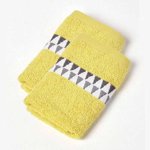 Image of HOMESCAPES Pack of 2 Geometric Pattern Ochre Face Cloths 100% Cotton Super-Absorbent & Soft Yellow Flannel with Retro Design