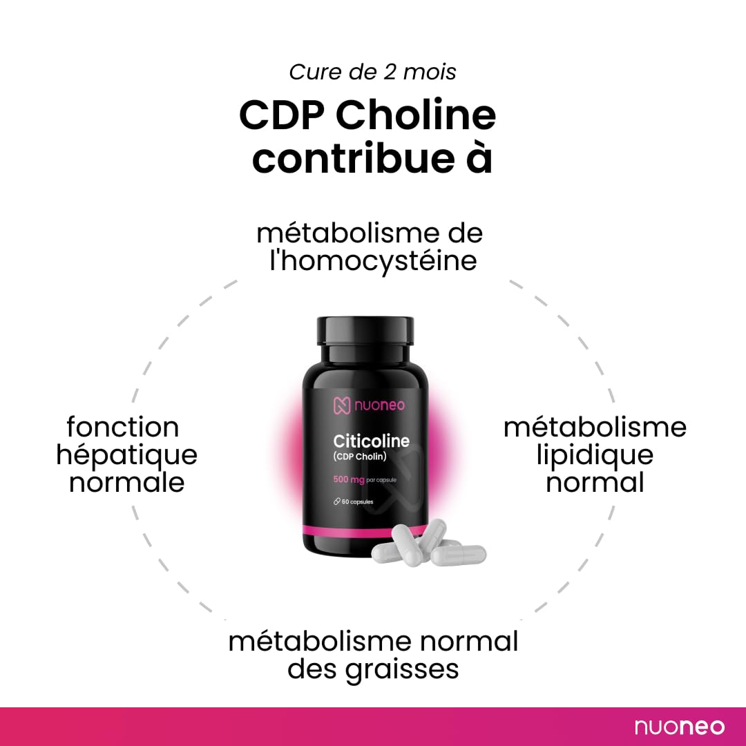 Citicoline CDP-choline 60 gélules de 500mg, haute biodisponibilité, pas d'additifs, 500 mg complets de citicolin/CDP Cholin par gélule de nuoneo