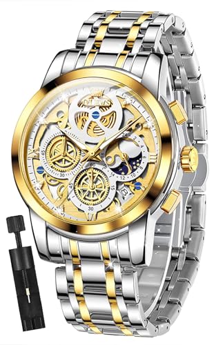 Image of OLEVS Mens Original Skeleton Luxury Business Analog Quartz Wrist Watches | Big Face Chronograph watch for men,stylish dress Gift,Stainless Steel ,Waterproof Luminous,Easy to Read
