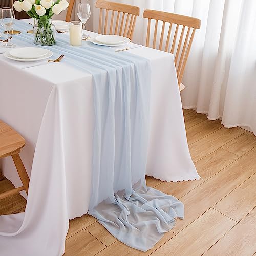CHUQING Chiffon Tischläufer Hochzeit Tischdeko Stoff Tischdecke Hellblau – Ansicht 1