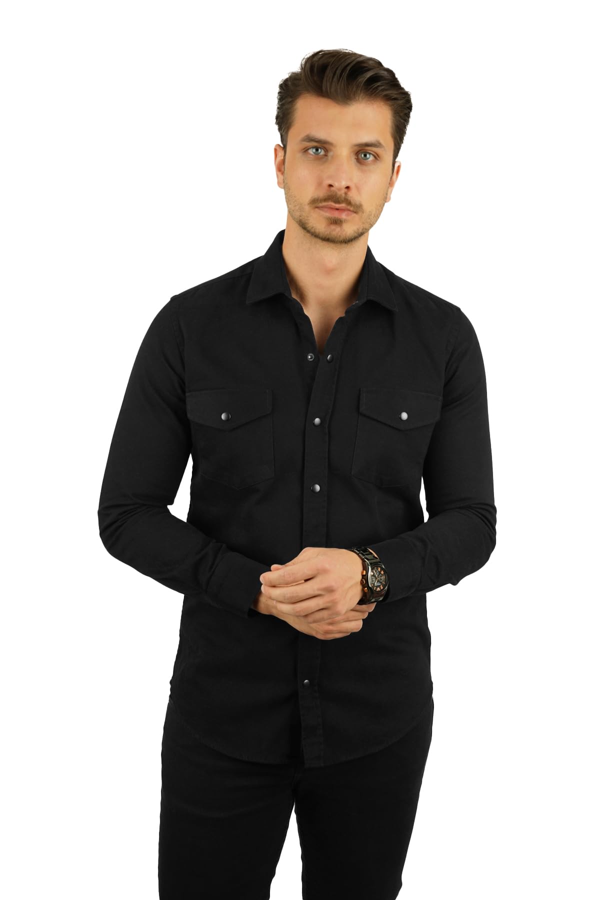 Siyah Slimfit Hediye Kutulu Gerçek Kot Erkek Gömlek M
