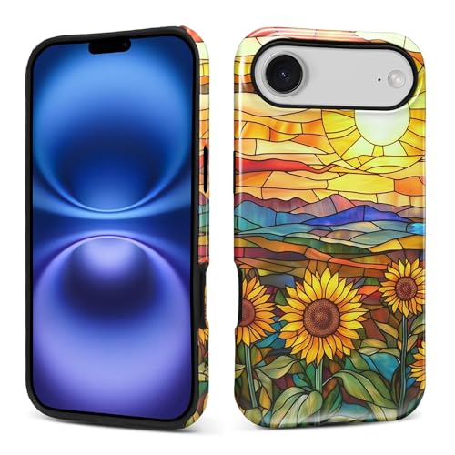 ZHEGAILIAN Case for iPhone 17 Air,Durable Drop Protection Shockproof Silicone Hard PC 2 in 1 Hybrid Protective with Stylish Pattern Design Sunflower Field Sunset Stained Glass