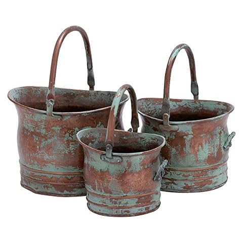 Benjara Tinged Metal Bucket Planter with Handles, Patina Rust Finish, Green, Set of 3 Cover