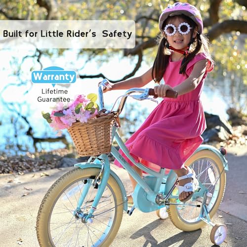 Image of Glerc Little Molly 12-20 Inch Kids Retro Cruiser Bike for 2-13 Year Old with Wicker Basket & Training Wheels /Kickstand, Multiple Colors