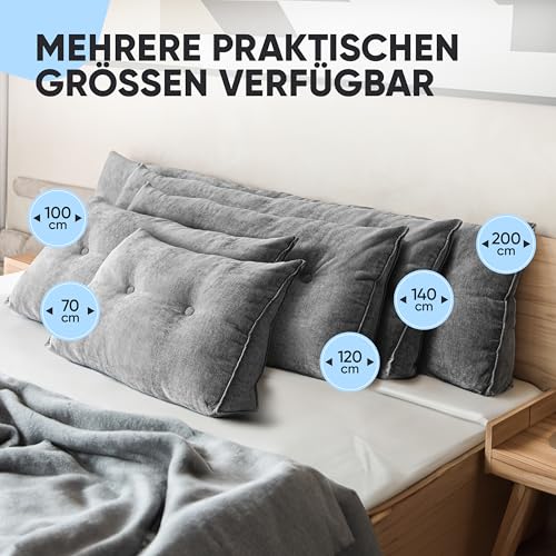 Björn&Schiller Rückenkissen - Lesekissen für Bett und Sofa, Keilkissen, Rückenpolster für die Wand, Sitzkissen, Wandkissen, groß mit waschbarem Bezug (Grau, 200 cm)