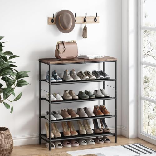 Image of INGIORDAR Shoe Rack Organizer 5 Tier Metal Organizer Shelf with Industrial MDF Board and Layer Fabric for Entryway Closet Bedroom Living Room Garage,Black & Rustic Brown (Black+Rustic Brown, 5 Tier)