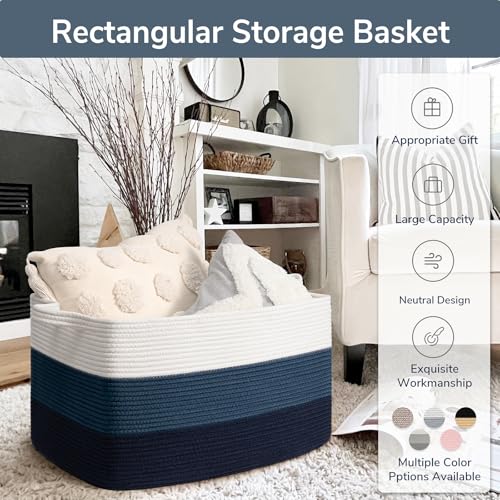 Goodpick Storaget Basket, 21.6" x 14.9" x 11.8", Toy Storage Baskets for Bedroom, Large Baskets for Organizing, Rectangle Woven Rope Basket for Blanket Storage, Blue
