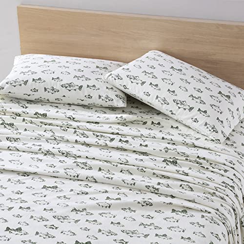 Image of Eddie Bauer - Flannel Sheets Full Size, Anti-Pilling & Wrinkle Resistant Cotton, Touchably Soft for All-Season Comfort - Bed Sheets with Matching Pillowcases & Fitted Sheet (School of Fish Green)