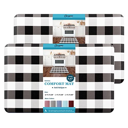 Carvapet 2 Pieces Buffalo Plaid Kitchen Mat Set Cushioned Anti Fatigue Comfort Floor Mat Waterproof Non-Slip Foam Ergonomic Standing Rug For Kitchen Office Laundry,Black & White,17.3"X28"+17.3"X28" #TOP28