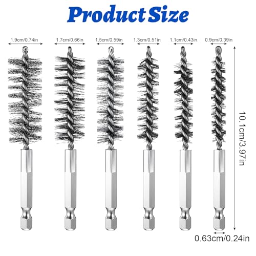 Image of 6Pcs Bore Brush Set, Stainless Steel Wire Bore Cleaning Brushes with 1 /4 inch Hex Shank Twisted Wire Bristles, Different Sizes (9, 11, 13, 15, 17, 19mm) for Power Drill, Rust and Tube Cleaning