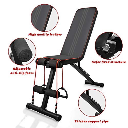 QingAn Adjustable Weight Bench for Home Gym, Foldable Incline Strength Training Bench for Full Body Workout,Decline Sit Up Bench with Elastic Ropes for Fitness Exercises and Weight Training