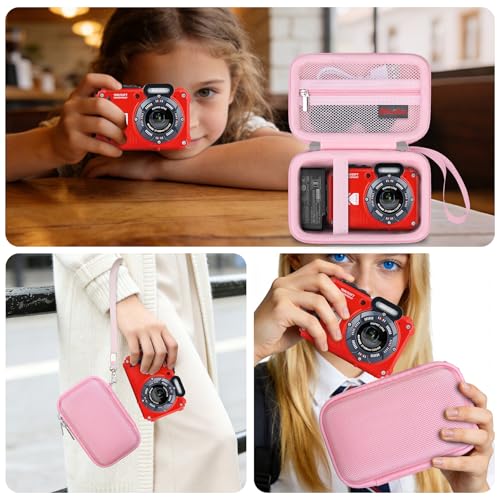 Image of Elonbo Camera Carrying Case for Kodak PIXPRO WPZ2 Waterproof Digital Camera | Camera Carrying Case, Hard Bag, with Mesh Pocket Wrist Strap Double Zipper, for Vlogging, Travel Protective Storage, Pink