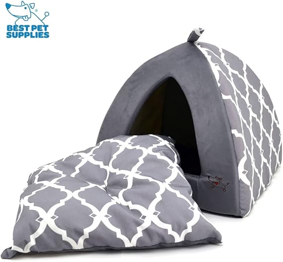 Best Pet Supplies Cat Bed for Indoor Cat, Domed Tent House with Removable Pillow, Covered Cat Cave for Small Dog, Puppies and All Breeds of Cats - Gray Lattice, 19 x 19 x H:19