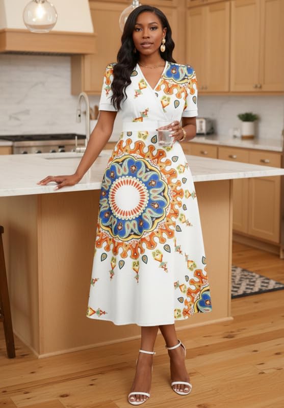 Image of MarryUP Women's Midi Dresses - V Neck Cocktail & Church Tea Dresses - Short Sleeve A-Line Swing Dress