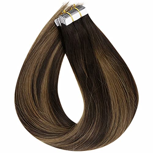 Tape in Brown Hair Extensions Human Hair Balayage Tape in Human Hair Balayage Darkest Brown Ombre Ash Brown Tape on Extensions Hair Double Side Remy Human Hair Tape in Long 50g 20pcs 22”