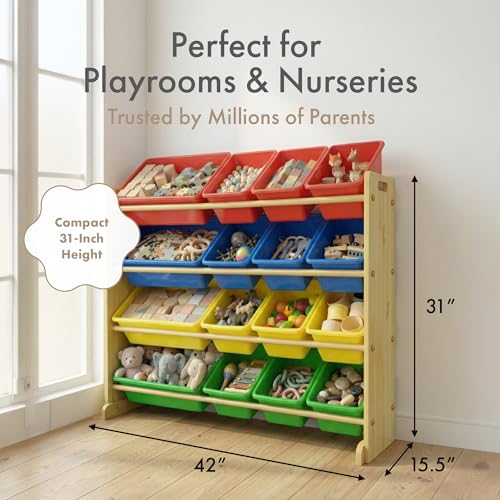 Image of Humble Crew Toy Storage Organizer with 16 Removable Storage Bins for Kids Playroom, 4-Tier Toddler Toy Organization, Natural Wood /Primary