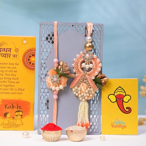 Image of CraftVatika Rakhi Chocolate Gift Combo For Brother And Bhabhi Couple Rakhi For Bhaiya Bhabhi With Celebration Chocolate Gift Hamper, Thread Kundan Lumba Pair Couple,100 G
