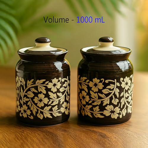 Image of D'Maiolica Pickle Jars in 1000ml (set of 2) | Handpainted Floral Pattern 1 kg Achaar Martban | Ceramic Container Set for Kitchen Storage (Pack of 2) (Black Floral Bale)