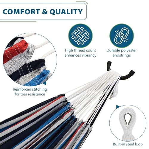 Image of Vivere Double Cotton Hammock with Space Saving Steel Stand, Upgraded Polyester End Strings 450 lb Capacity - Premium Carry Bag Included - USA Grown Cotton (Denim)