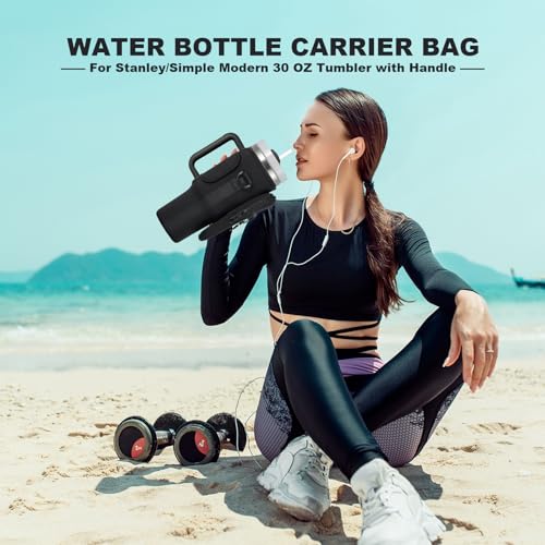 Image of 30oz Water Bottle Carrier Bag with Phone Pocket for Black Stanley 30 oz Tumbler with Handle, Black Insulated Neoprene Cup Holder Pouch Strap for Valentines Stanley Cup Accessories