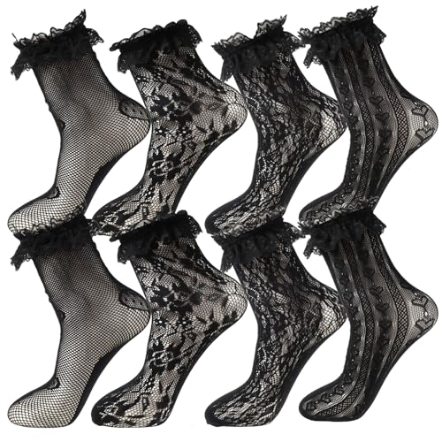 4 Pairs Black Lace Socks Lace Ruffle Socks Cute Lolita Sock Mesh Laces Sock for Women Ankle Ruffle （Jacquard/Big Heart/Sunflower/Small Heart）