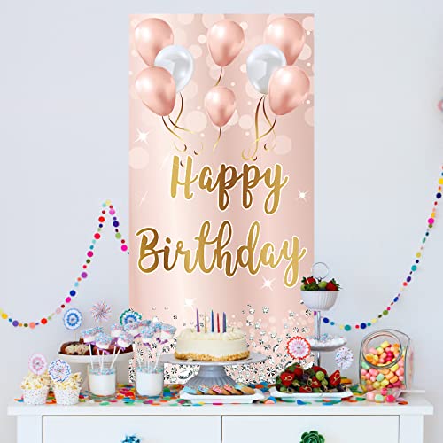 Image of Pink Rose Gold Happy Birthday Door Banner Backdrop Decorations for Women Girls, Happy Birthday Party Door Cover Sign Background Supplies for 16th, 21st, 30th, 40th, 50th, 60th Birthday