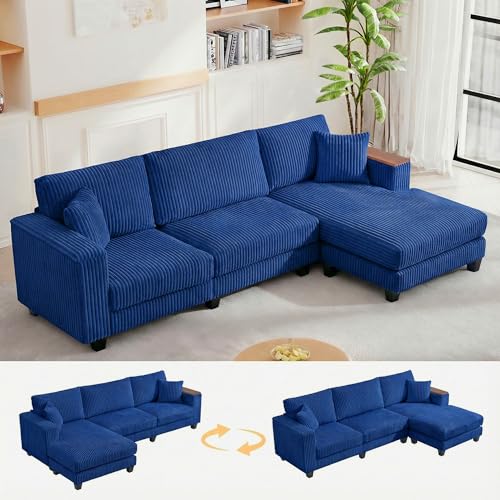 Image of 114 inch Cloud Sectional Couch with L-Shape Reversible Chaise, Modern Corduroy L Shaped Couch with 2 Pillows & Storage Armrests, 4 Seater Sectional Couches for Living Room, Plush Corduroy, Blue