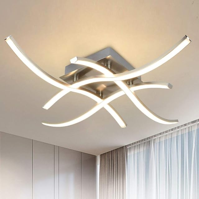 PADMA LED Ceiling Light Elegant Curved Design, Modern 18W LED Ceiling Lamp, Brushed Nickel Ceiling Lighting with 4X 4.5W 1400lm LED Boards, 3000K Warm White, Ceiling Fixture for Living Room Bedroom
