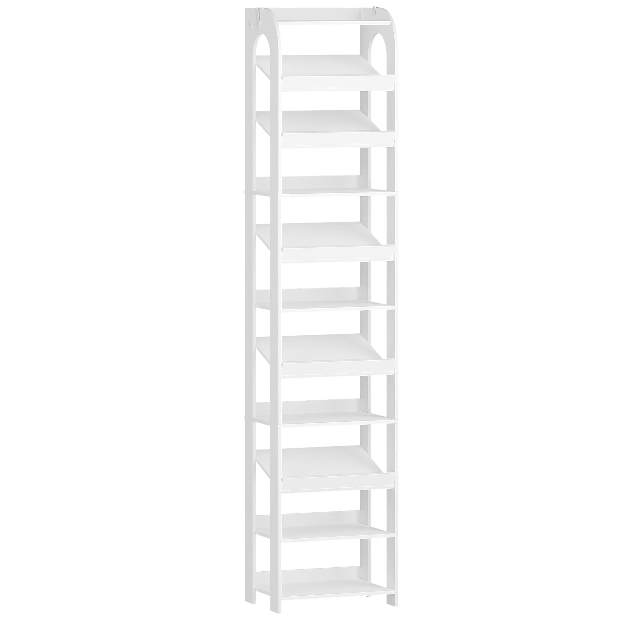 Hzuaneri Vertikales Schuhregal, 11 Ebenen, mit Haken, 42,5B cm, Weiß | Holz-Schuh-Organizer für Schrank, Eingang, Schuhturm für Kleine Räume, Freistehend, Verstellbar, SR13403X