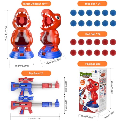 fygurso Bewegliches Dinosaurier Schießspielzeug mit 2 Luftpumpenpistolen, Zielschießspiele mit LED Punktzahl, Licht und Ton, 24 Schaumball Kinder ab 3 4 5 6 7 8 9+ Jahre Spiele Geschenk für Junge Rot