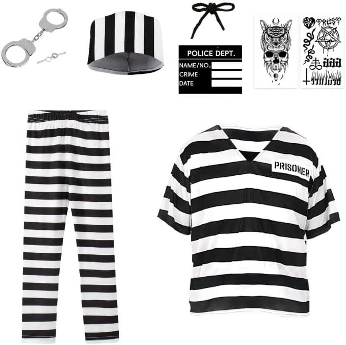 6Pcs Prisoner Costume Men Black White Striped Jail Inmate Costume Prison Outfit Halloween Convict Cosplay Uniform - Image 2