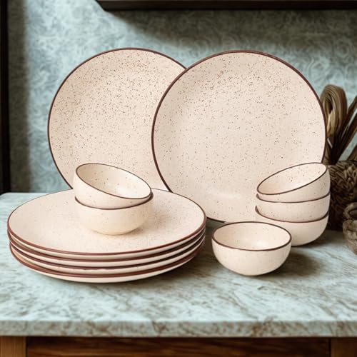 Image of Freakway Rustic Speckled Ceramic Dinner Set - 12 Pc (6 Plates, 6 Bowls) - Beige with Brown Rim
