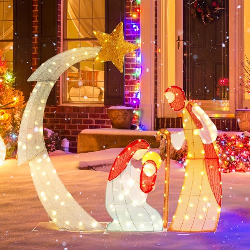 GYMAX 151 cm Weihnachtskrippe mit Beleuchtung, Weihnachten...