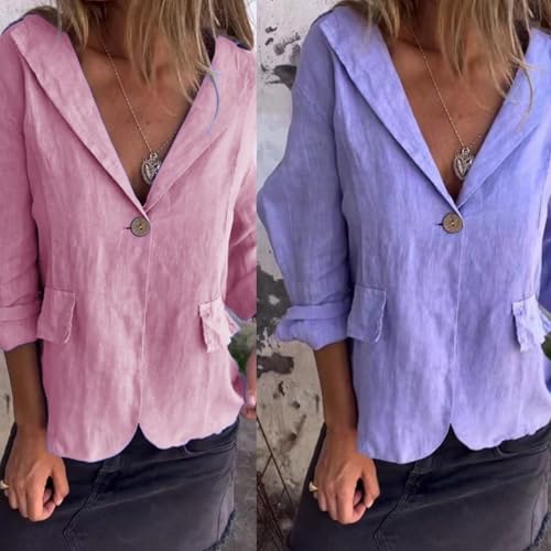 2025 New Cotton and Linen Casual Lapel Single-Button Thin Coat Summer, 3/4 Sleeve Loose Linen Blazer Women3