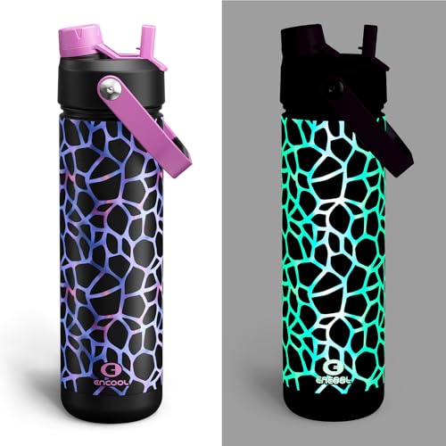 Image of ENCOOL Insulated Water Bottle with Straw Stainless Steel Water Bottle, Glow in the Dark, Leak-Proof, BPA-Free, Keeps Cold for 24 Hours for Sports, Travel, School (26 oz, Bubble)