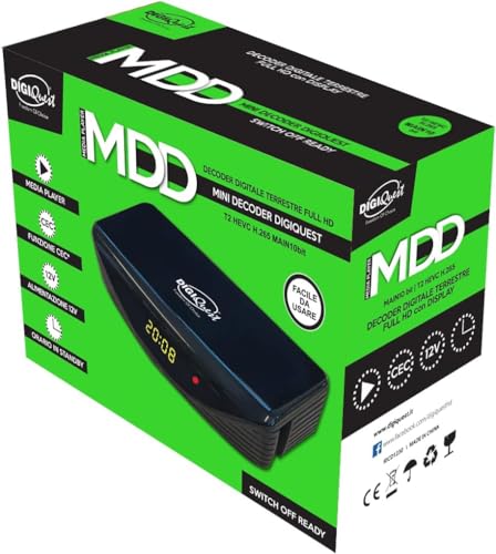 Receptor TDT HD DVB T2 Digiquest MDD HEVC H.265 Chipset 10bit Full HD FTA, Sintonizador TDT HD Mini, DVB T2, USB, HDMI, SCART, Mando a Distancia, Negro, Plástico