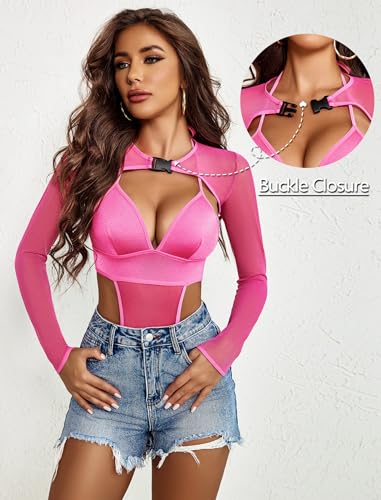 Image of Avidlove Rave Outfits for Women Festival Sexy Lingerie Bodysuit 2 Piece | Buckle shrug crop top halter bodysuit set, snap closure, breathable mesh, for concerts and club nights