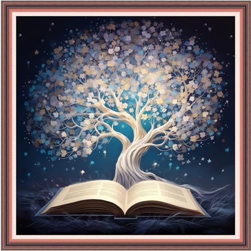 Image of Joyhoor Cross Stitch Kits for Beginners Stamped Cross-Stitch Supplies Needlework preprint Embroidery Kits for Adults DIY Needlepoint Kits Embroidery Patterns 11CT-White Tree Book 18.x18 inch