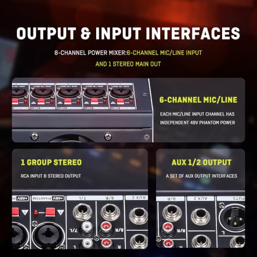 Image of BOMGE PD-8 Professional 650w Powered Mixer, 8 Channel Sound Mixer With Dual Wireless Mic, USB, 256-Bit Effects, Bluetooth,48V for Live Bands and DJs