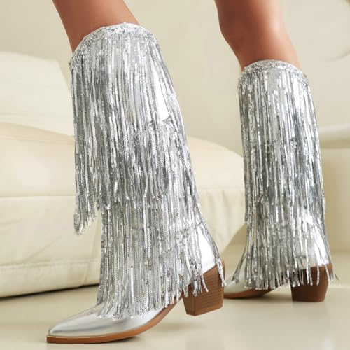 Roimaash Fashion Fringe Cowboy Boots Ankle High for Women3