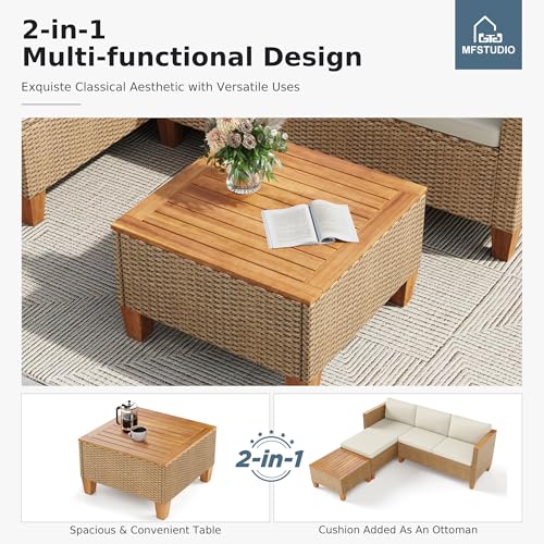 MFSTUDIO Rattan Garden Furniture Sets 3 Pieces with Beige Cushion Outdoor Small L-Shaped Couch Sofa with Wood Table Garden Chaise & 2-Seat Chairs Wicker Outdoor Sofa Conversation Set for 4 People - Image 6