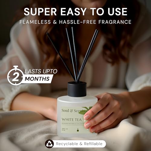 Image of Soul & Scents 50ml White Tea Reed Diffuser Set | Refreshing Aroma of White Florals & Sea Breeze | Get 5 Rattan Reed Sticks | Smoke Less Room Freshener for Home, Bedroom, Living Room & Office