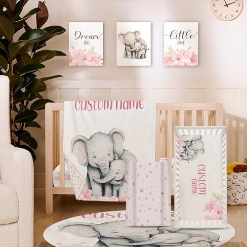HSHRYY Custom Baby Crib Bedding Set with Name, 5 Pcs Personalized Baby Crib Sheets for Kid Toddler Infant, Elephant Mother Love Nursery Bedding Set - A Great for Baby