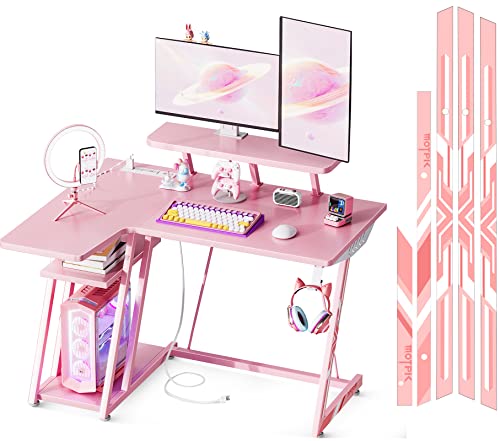 Motpk Gaming Desk With Power Outlet, L Shaped With Pc Shelf, Gaming Table Desk With Monitor Shelf, Gamer Desk With Carbon Fiber Texture, Desk Gaming Computer Desk, Piggy Pink, 39 Inch #TOP19
