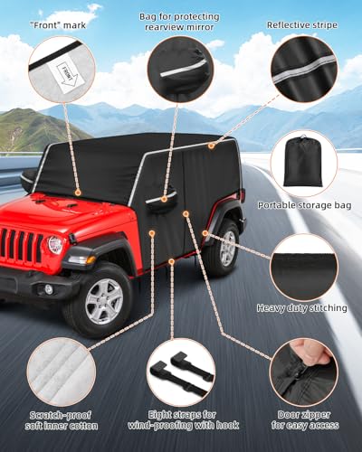 Image of Waterproof Cab Covers Fit for Wrangler 2007-2025 JK JKU JL JLU 4 Door, Scratchproof Inner Cotton Car Cover with Driver Door Zipper Windproof Straps All Weather UV Protection