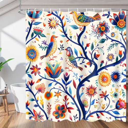 Tablerazzi Mexico Floral Shower Curtain, Washable Fabric Shower Curtain Set