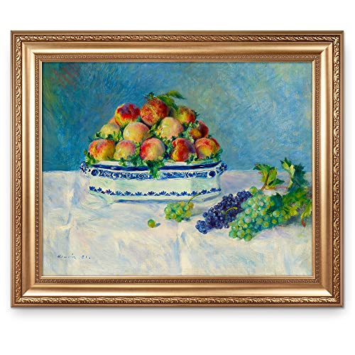 Still Life with Peaches and Grapes by Pierre-Auguste Renoir Painting Reproductions Framed Size:36x30 inches,Image Size:30x24 inches World Classic Reproductions For HomeDecor,Gold Frame