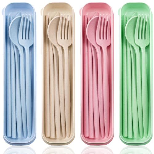 ELANE 4 Sets Reusable Travel Utensils Set with Case,Camping Cutlery