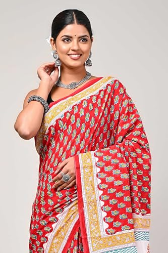 Image of Mulmul Cotton Saree for Women with Blouse Piece | Ajark Sarees | Hand Block Prints Sari | Bagru Print | Soft Mul Cotton Sadi