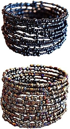 African Bracelets for Women - Set of 2 Bead Bracelets - made of 10 wire loops each - African Jewelry - Handmade in Kenya - Metallic Bronze Eggplant Purple, Black, KB50